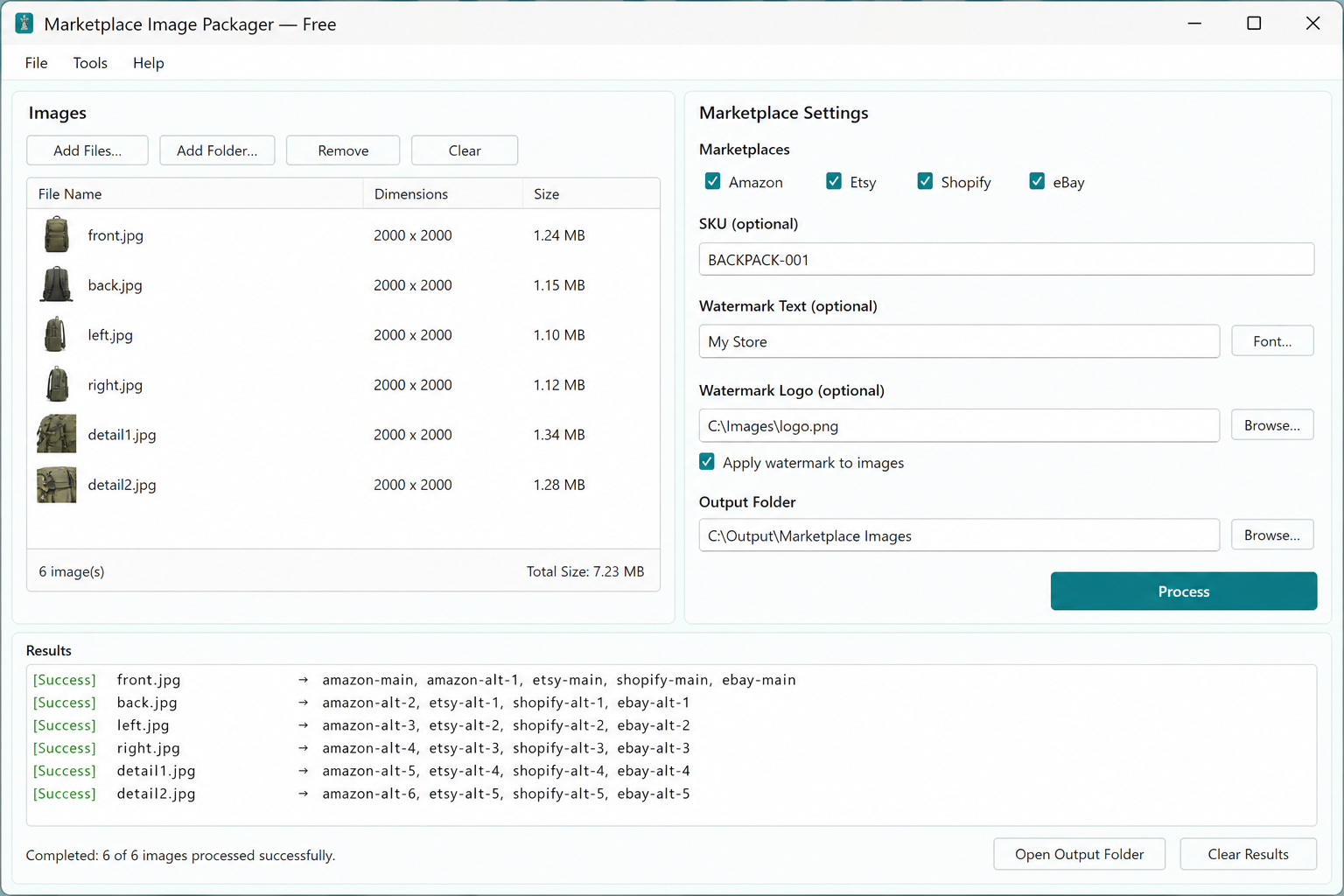 Marketplace Image Packager Free window showing image list, marketplace checkboxes, watermark options, and Results